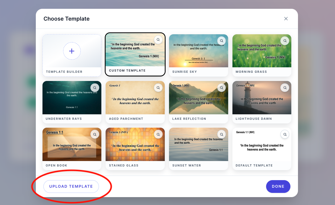 Background grid in Song Slides showing image options for slides